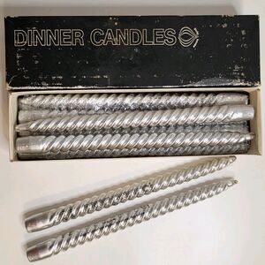 NEW VINTAGE 12 Guild House Taper Dinner Candles Metallic Silver Spiral 12"Japan